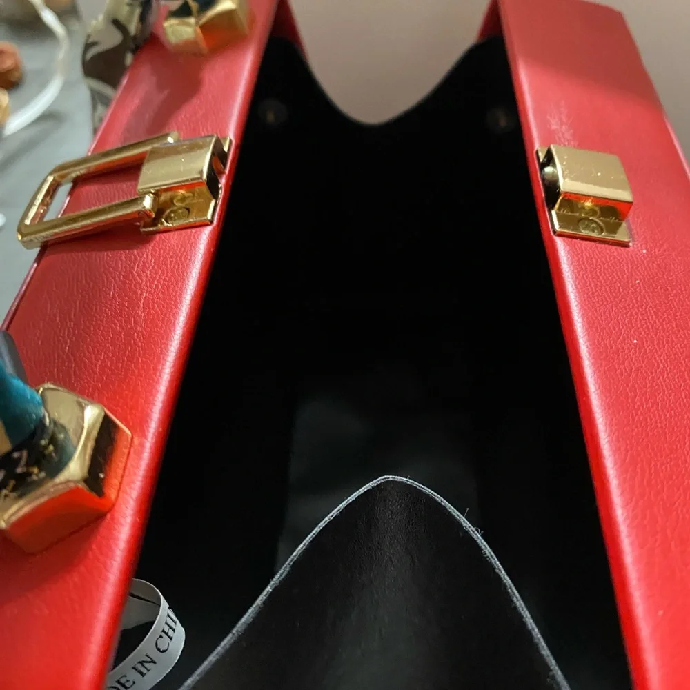 Elegant Red Quilted Handbag with Scarf Accent and Gold tone chain - Picture 3 of 5